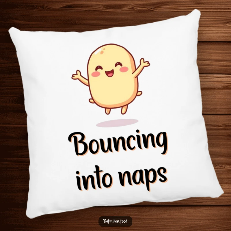 Funny pillow featuring a macaroni character gleefully bouncing, perfect for cozy comfort and a funny gift.