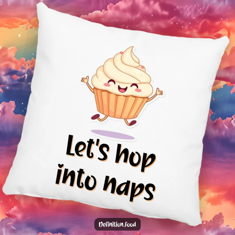 Funny pillow featuring a joyful cupcake character in a happy hop, designed for cozy comfort and a cheerful atmosphere.