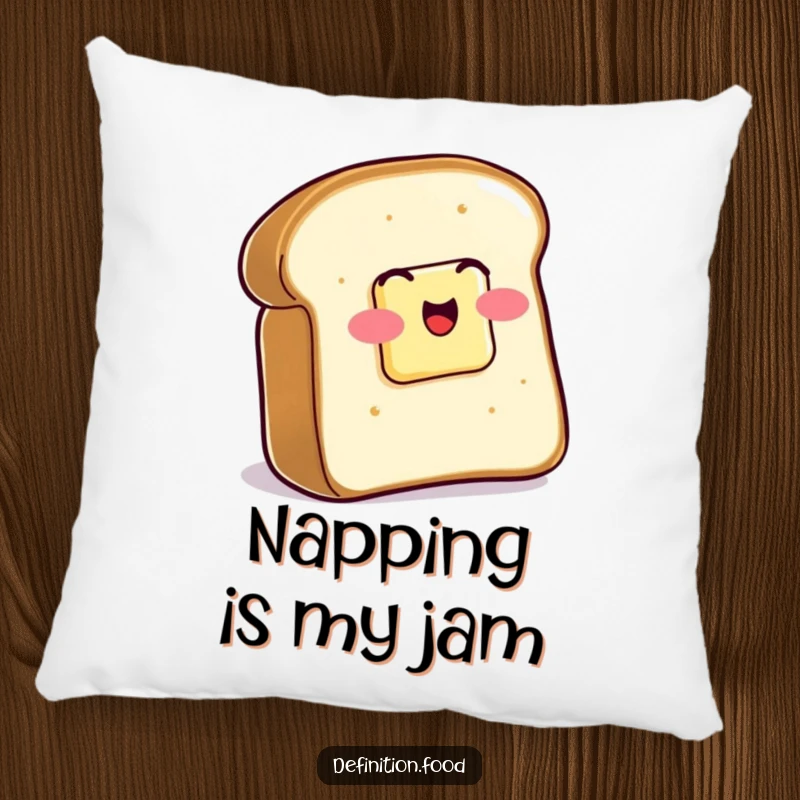Funny Pillow featuring a slice of buttered toast wiggling happily, offering comfort and a dose of breakfast amusement.