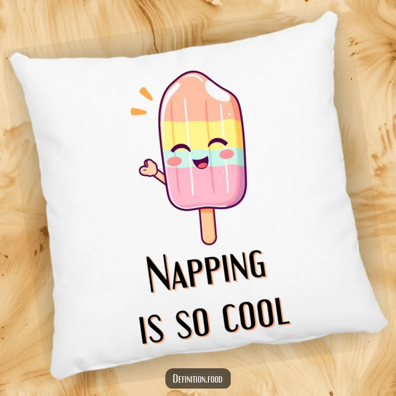 Funny pillow featuring a winking popsicle character giving a cool, refreshing wave, designed for ultimate comfort and sweet relaxation.
