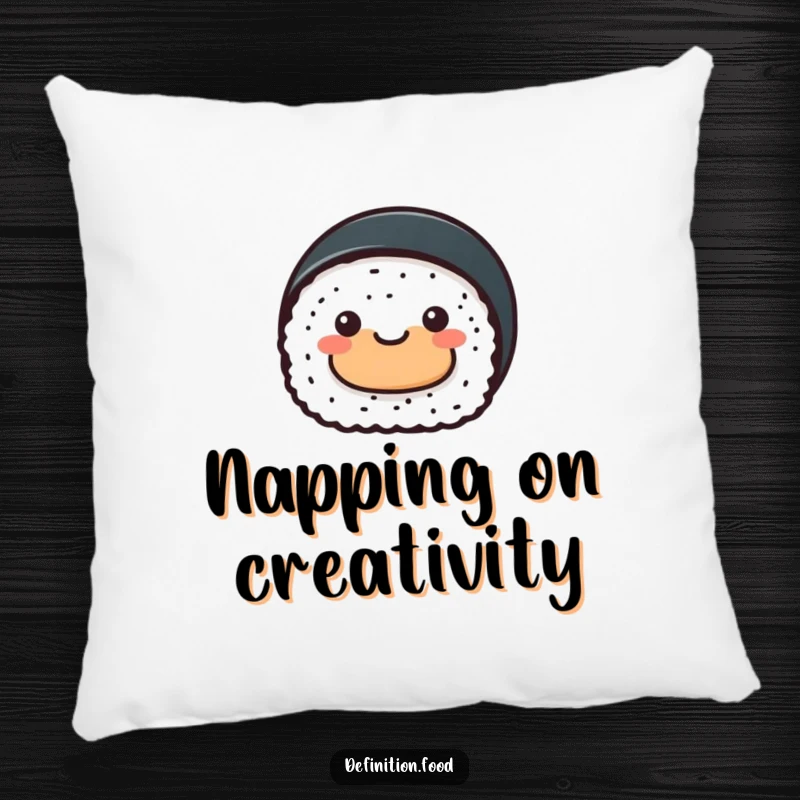 Funny sushi roll pillow, a cheerful sushi character presenting an abstract food shape, perfect for comfort.