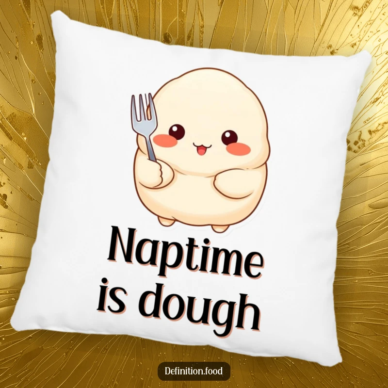 Funny Pillow featuring a proud dumpling with rosy cheeks holding a tiny fork, offering comfort with adorable, food-themed humor.