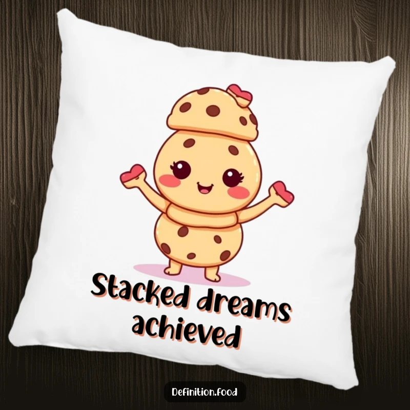 Funny pillow featuring a happy, giggling cookie character balancing a delightful tower of small pastries, perfect for adding coziness and humor.