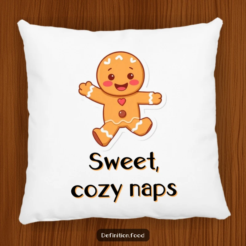 Funny pillow featuring a happy, skipping gingerbread man character, offering plush comfort and a delightful dose of holiday cheer.