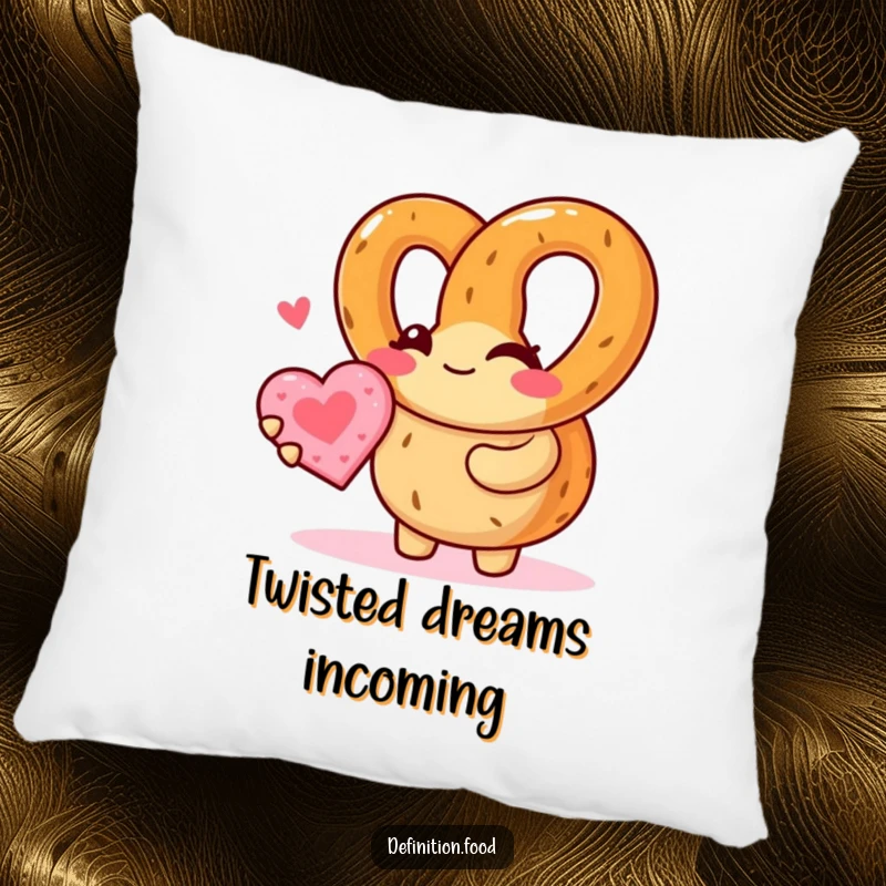 Funny pretzel character winking, holding a heart cookie on a plush pillow, perfect for adding a touch of cozy humor anywhere.