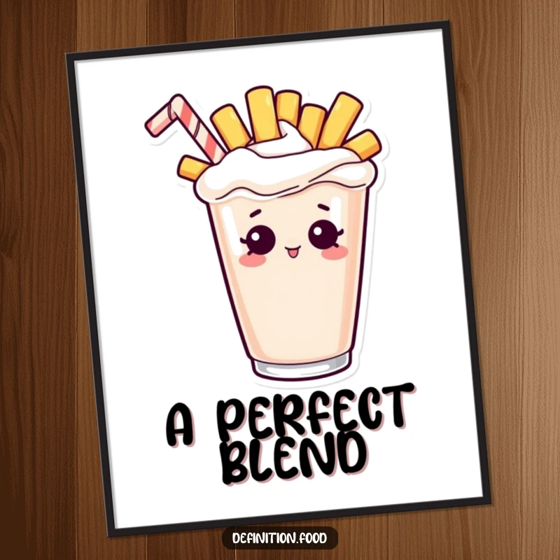 Funny digital art print of a curious french fry character peeking out from a frothy milkshake.