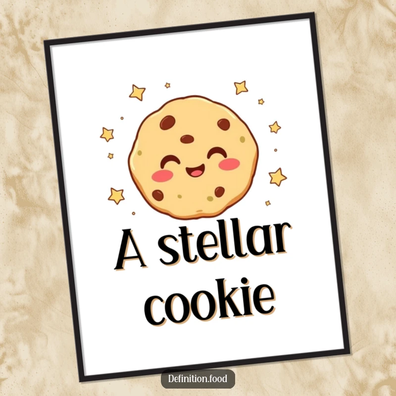 Funny smiling cookie character with tiny stars falling around it as a digital art print, perfect for adding magical and joyful wall decor.