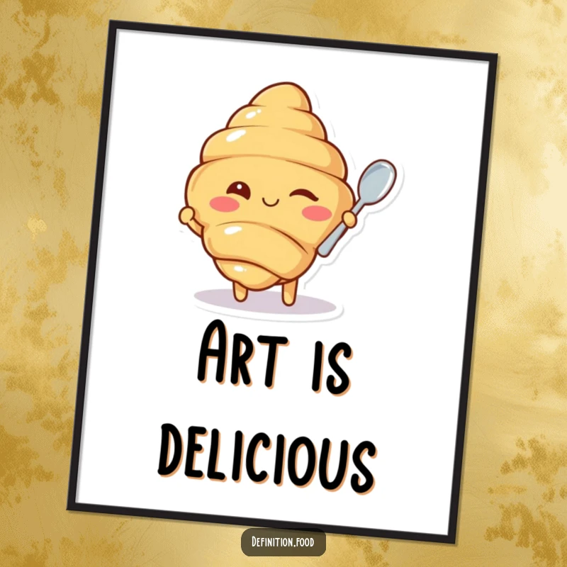 Funny digital art print of a winking croissant character offering a tiny spoon, perfect for instant whimsical decor and a touch of humor.