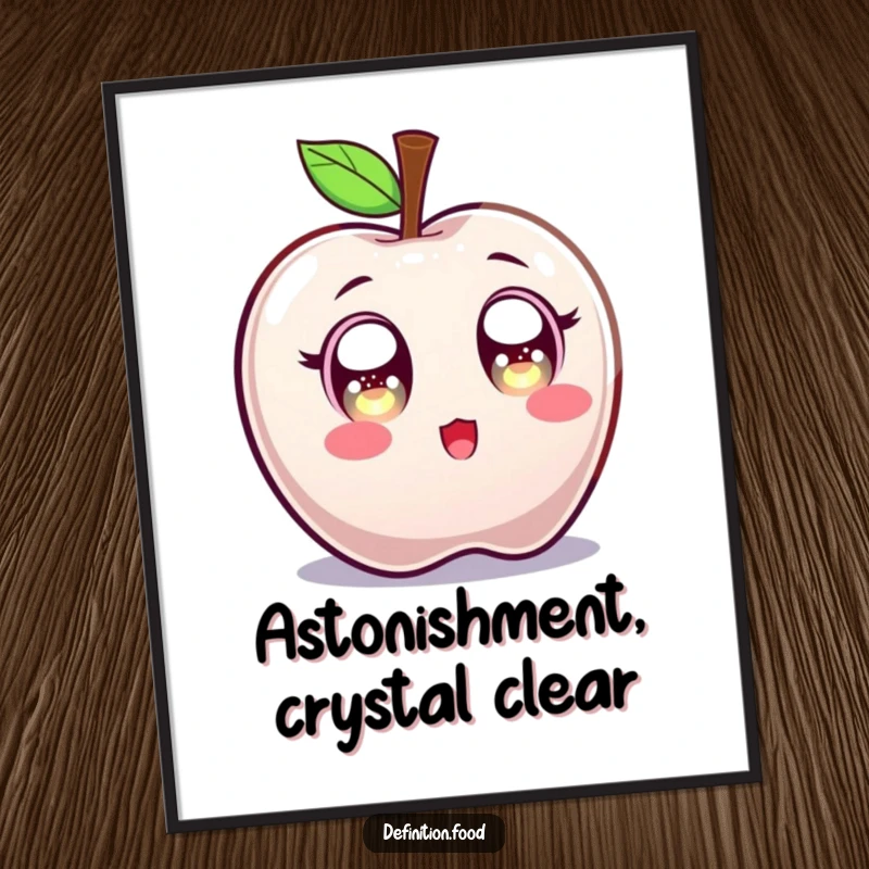 Funny digital art print of a candy apple character with wide, sparkling eyes, capturing a moment of pure, sweet surprise.