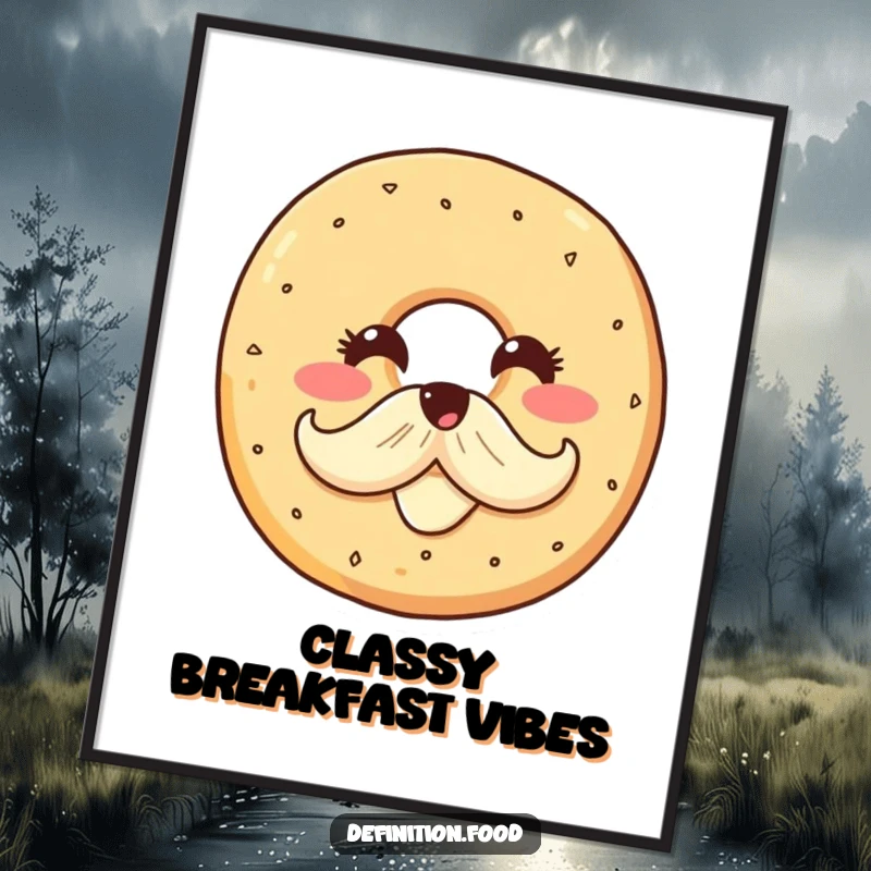 Funny digital art print of a smiling bagel character proudly displaying a cream cheese mustache, perfect for instant whimsical decor and breakfast humor.