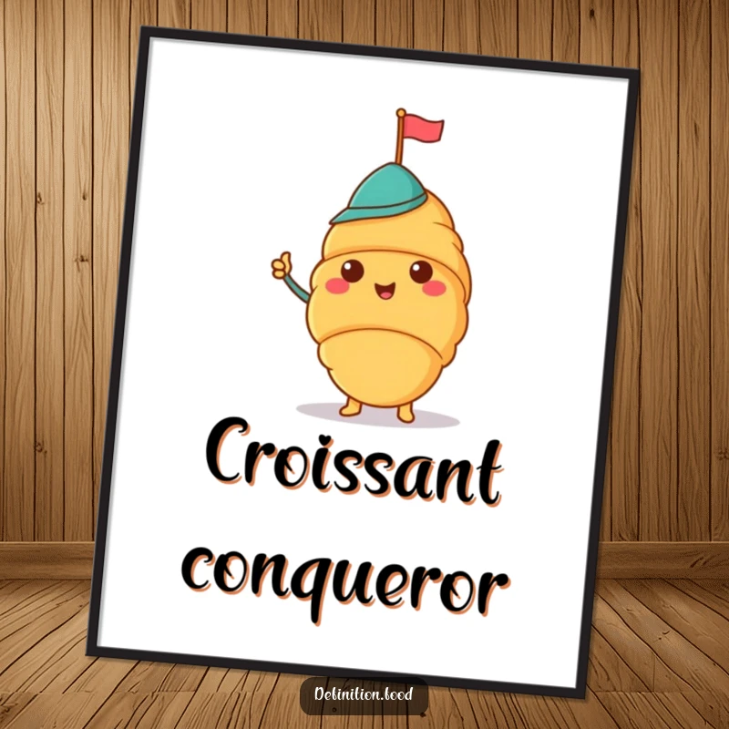 Funny digital art print of a cheerful croissant in a jaunty hat waving a tiny flag, for decor.