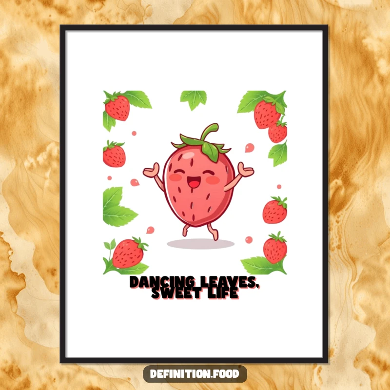 Funny joyous strawberry character doing a happy dance with leaves, presented as a vibrant, humorous digital art print.