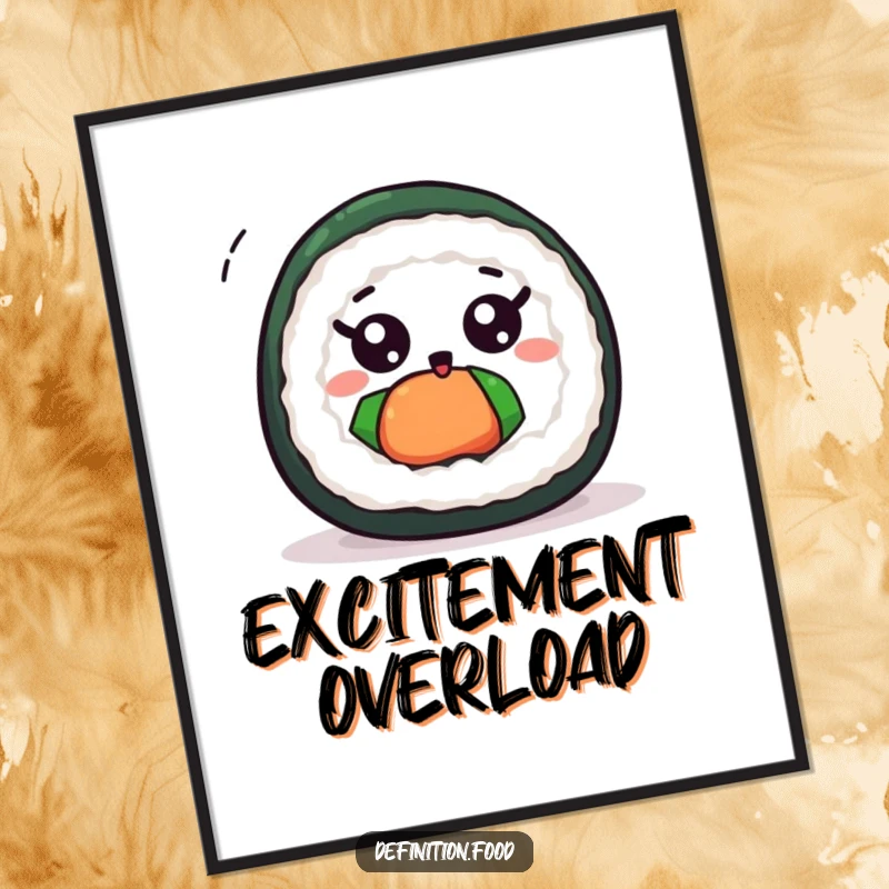 Funny cute sushi roll digital art print of a wide-eyed sushi roll spinning with great excitement.