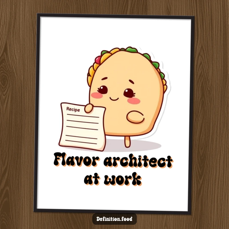 Funny taco chef digital art print, a smiling taco character contemplating a recipe card, humorous food art.