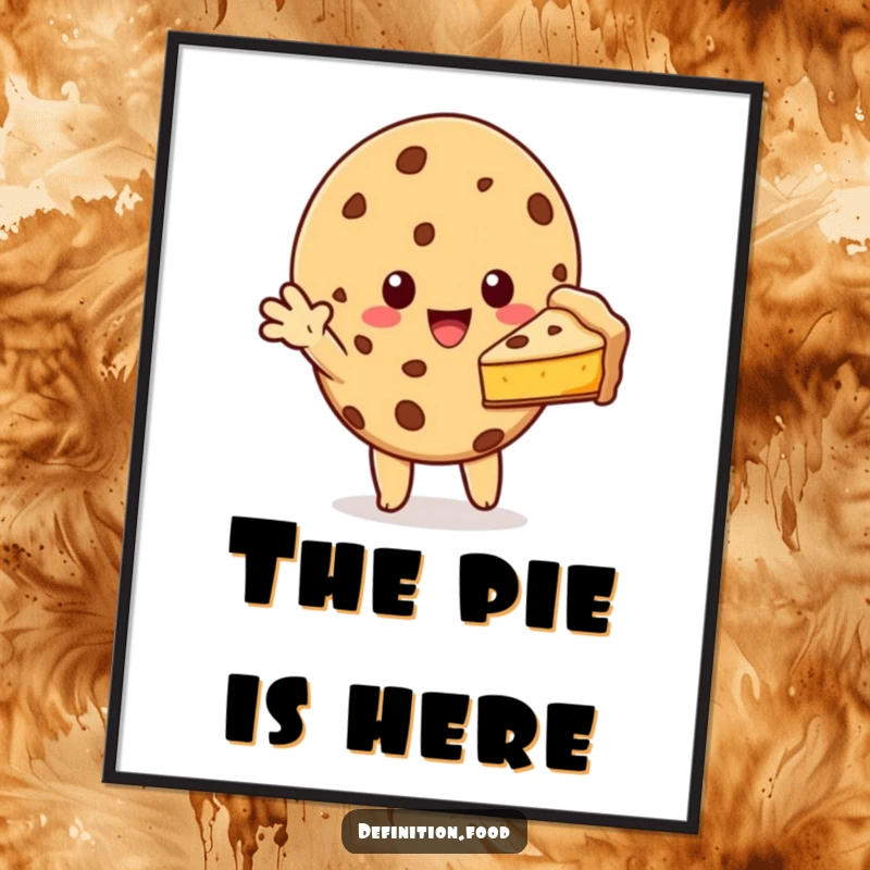 Funny cookie character offering a slice of pie as a digital art print, perfect for adding generous and sweet wall decor.