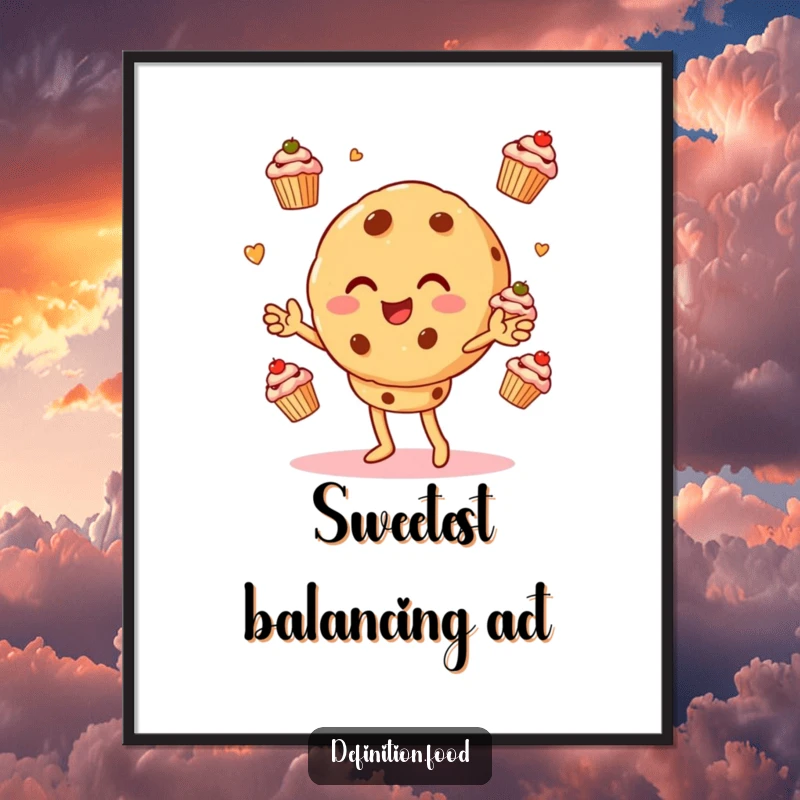 Funny digital art print of a cookie character gleefully juggling miniature cupcakes, creating a whimsical and humorous visual.