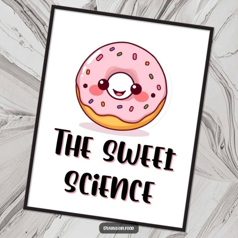 Funny donut diagram digital art print, a happy donut character explaining a food diagram, educational and fun.