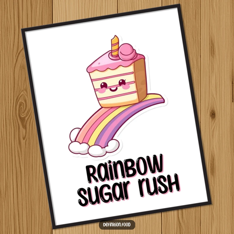 Funny grinning cake digital art print sliding down a rainbow, bringing instant sweet joy and magic. Perfect funny gift.