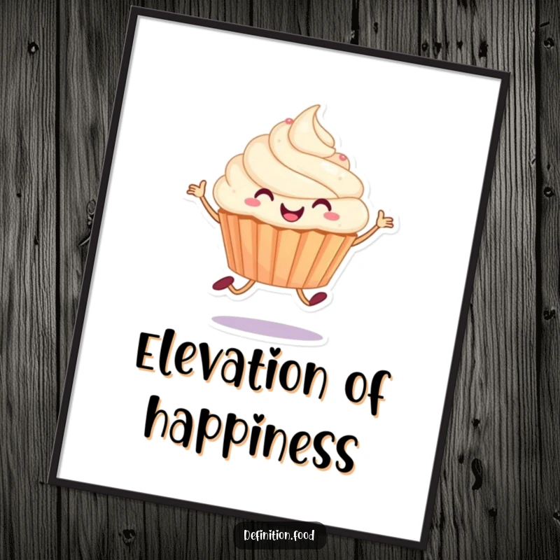 Funny digital art print of a joyful cupcake character captured in a happy hop, radiating pure sweetness and energetic cheer.