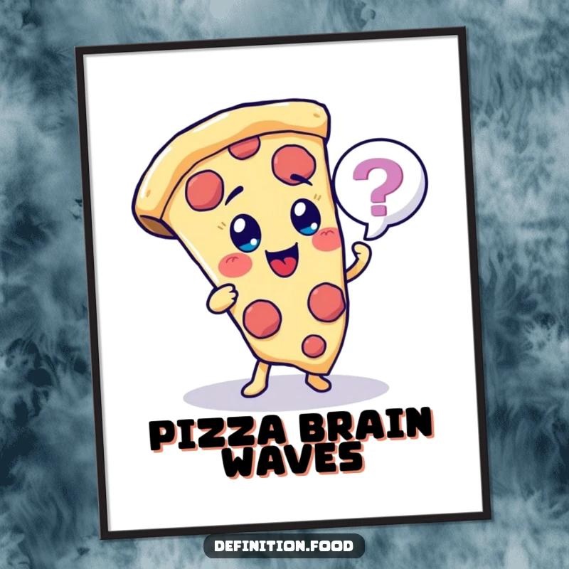 Funny cheerful pizza slice character digital art, with a quiz bubble, for interactive decor.