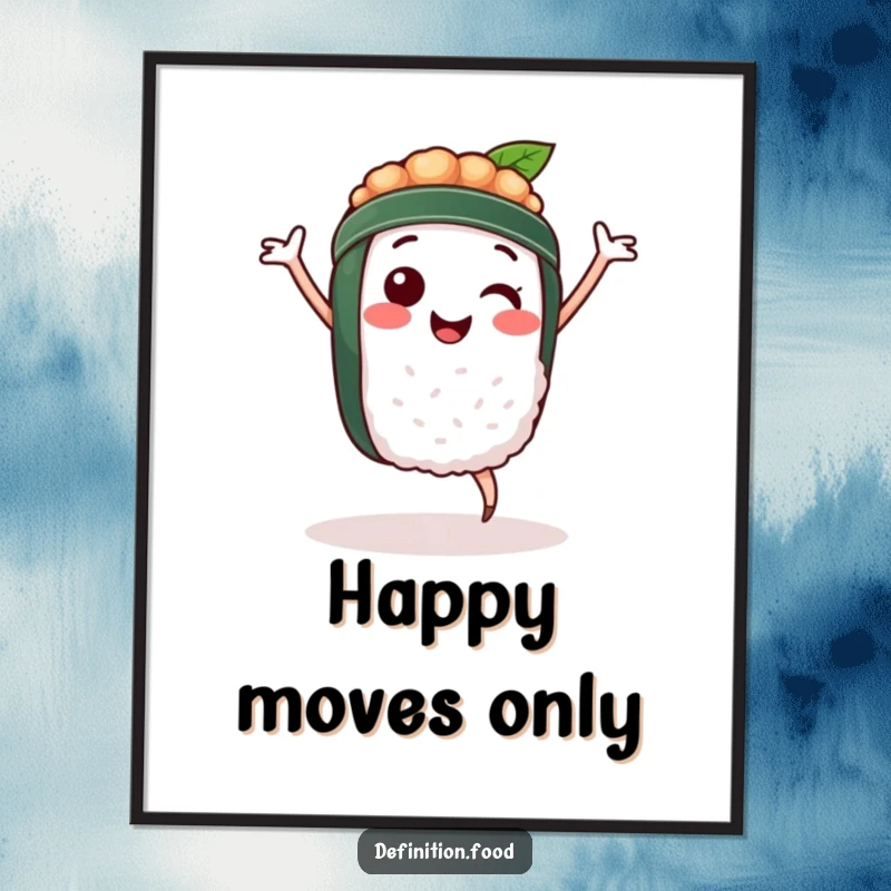 Funny digital art print of a smiling sushi character performing a lively dance, radiating happiness and culinary joy.
