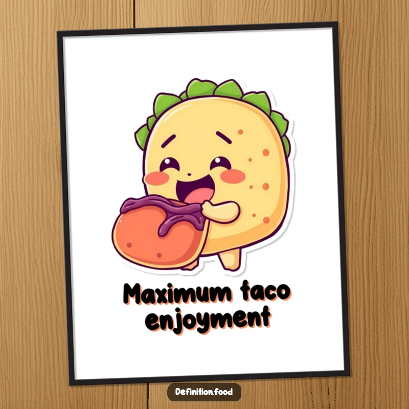Funny digital art print of a cheerful taco character taking a massive bite from another taco, radiating pure foodie humor.