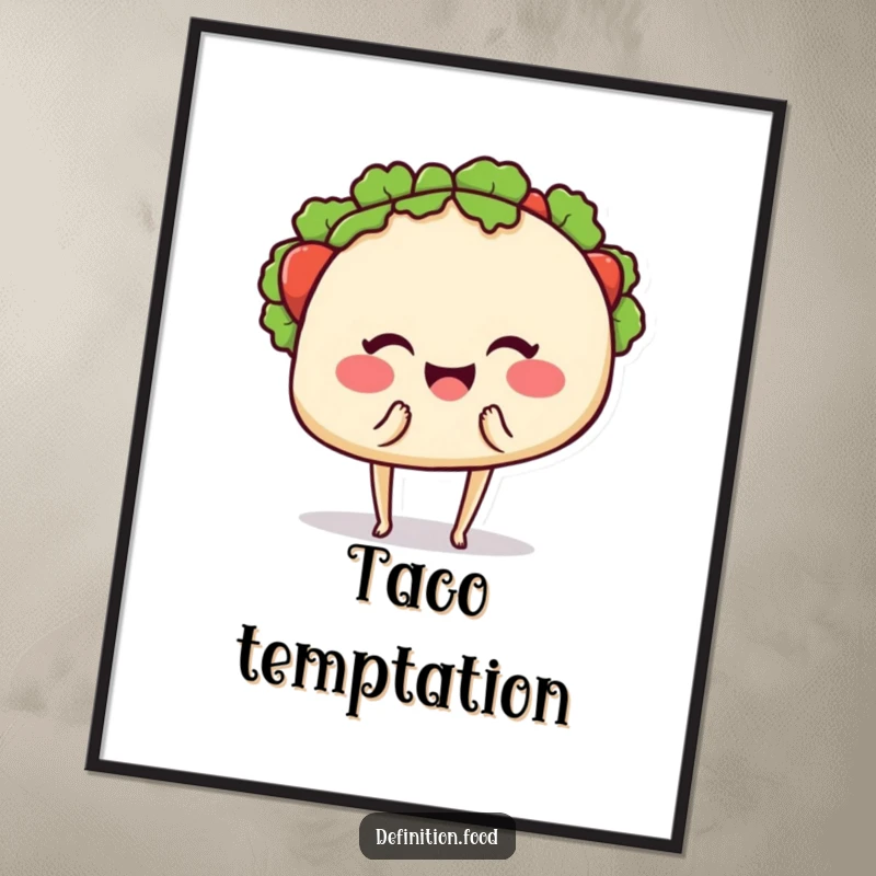 Funny digital art print of a smiling taco with small legs, winking and offering a bite, celebrating Mexican cuisine humorously.