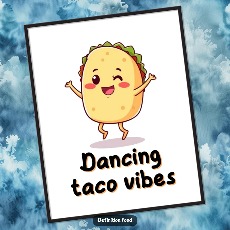 Funny digital art print of a smiling taco with legs performing a joyful jig, for instant decor.