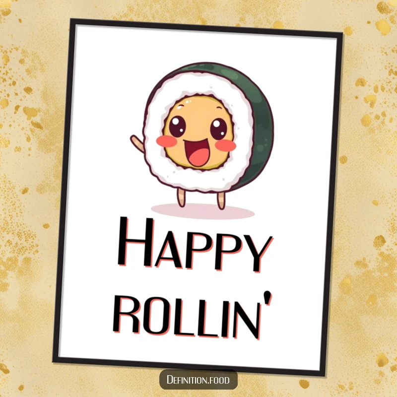 Funny digital art print of a delighted sushi roll with beady eyes bouncing happily, for instant decor.