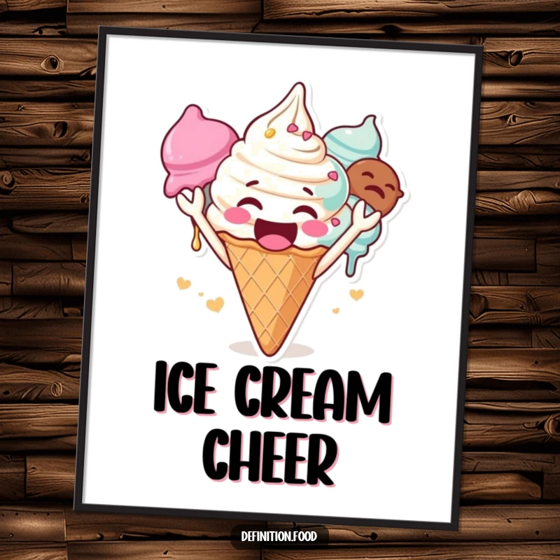 Funny cheering ice cream digital art print, high-resolution, gleeful character, ready to frame, a fantastic funny gift.