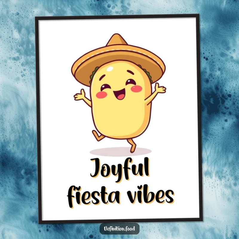 Funny happy taco digital art print of a taco in a sombrero, joyfully performing a vibrant salsa dance.