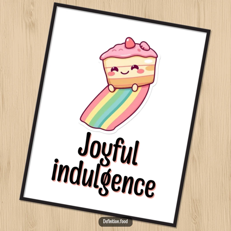 Funny Digital Art Print of a grinning cake sliding down a rainbow, offering instant whimsical decor and cheerful vibes.