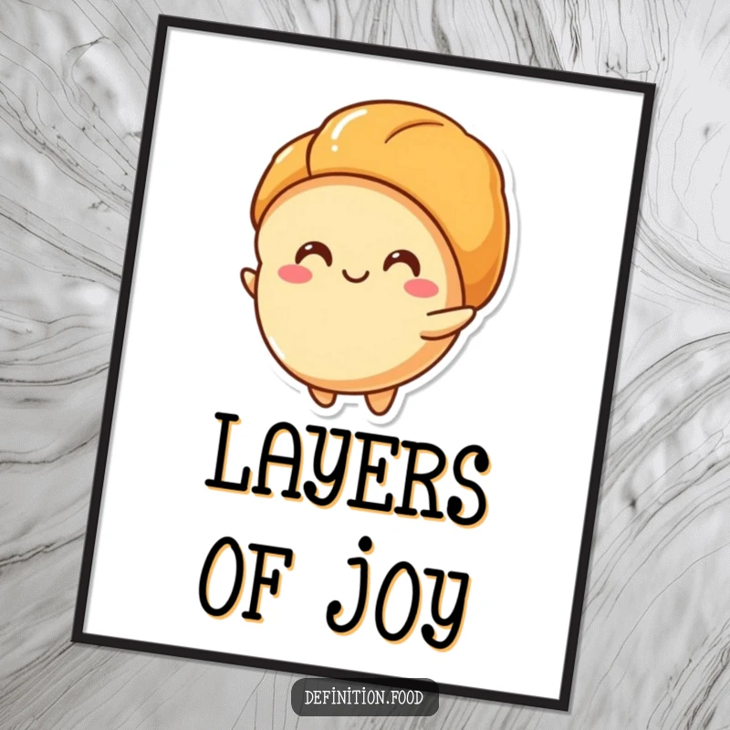 Funny digital art print of a croissant character happily unfurling its layers, perfect for instant humorous decor, a funny gift.