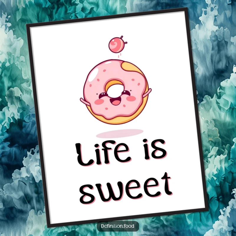 Funny donut digital art print of a cheerful donut character joyfully tossing a tiny candy, for sweet wall decor.