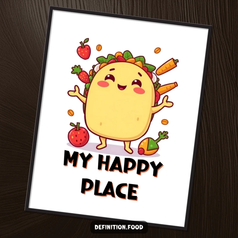 Funny digital art print of a juggling taco character, offering instant humorous, festive wall decor.