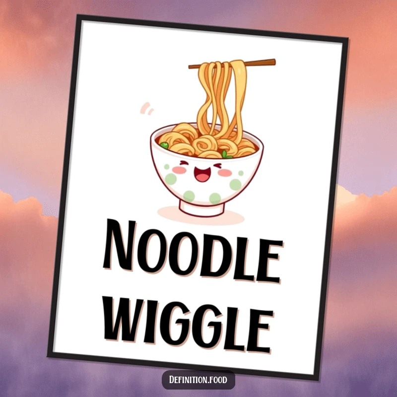 Funny wiggling ramen digital art print, high-resolution, playful noodle character, ready to frame, a fantastic funny gift.