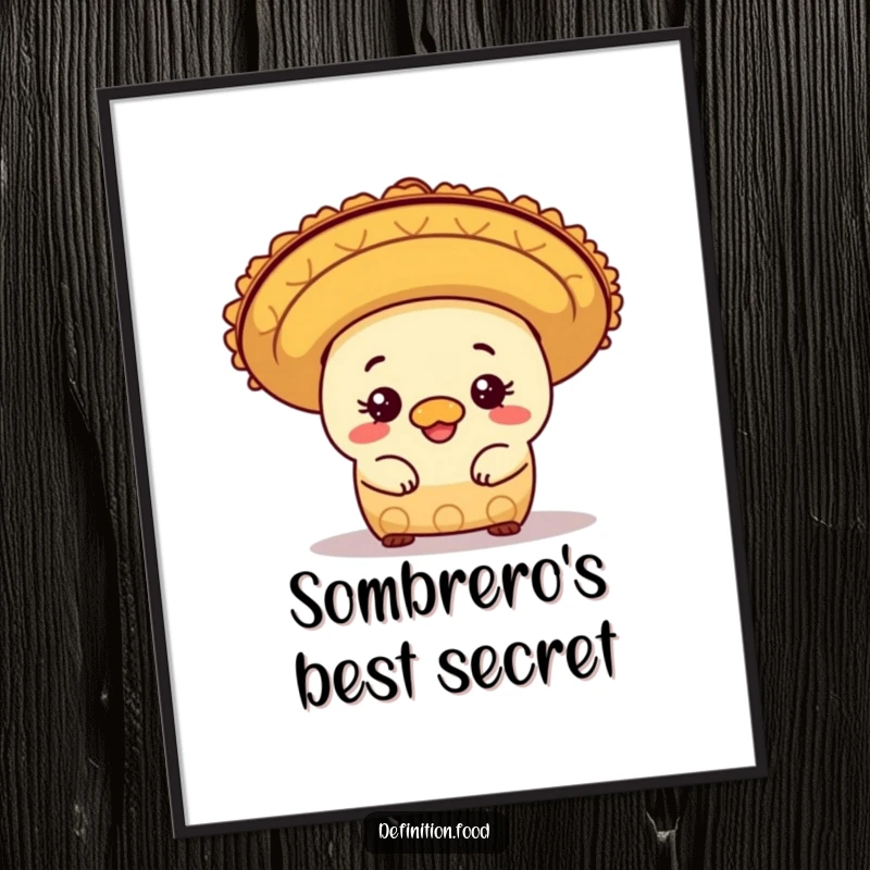 Funny mischievous burrito character peeking from under a sombrero, presented as a vibrant, humorous digital art print.