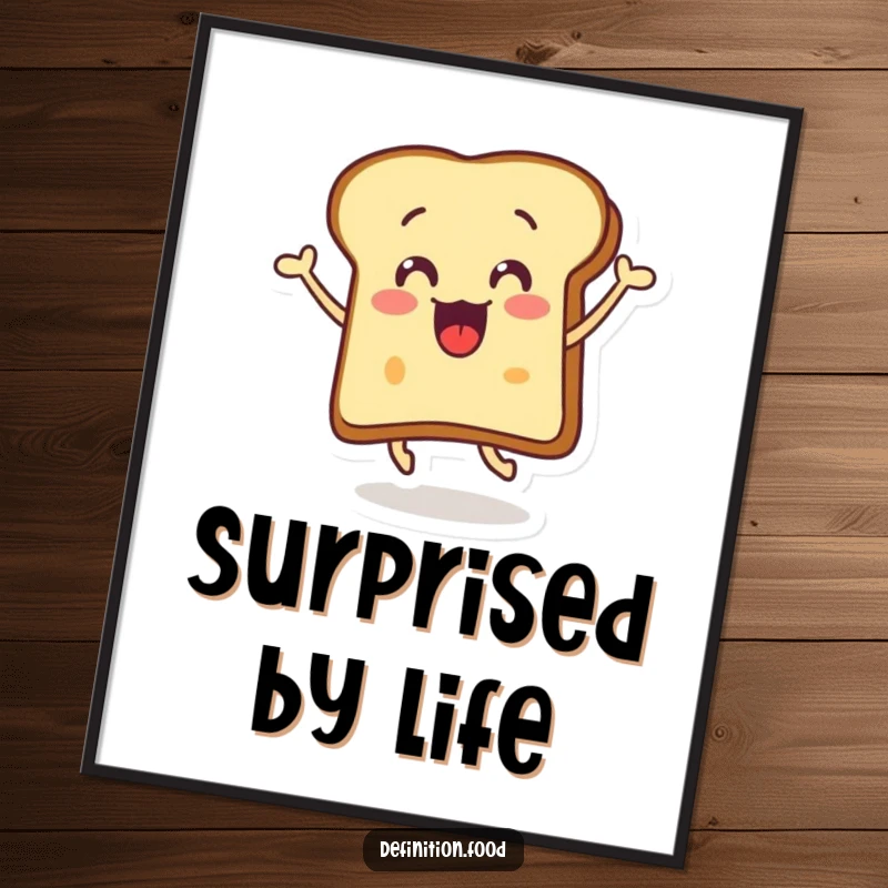Funny surprised toast digital art print of a smiling, buttered toast slice doing a dynamic, joyful leap.