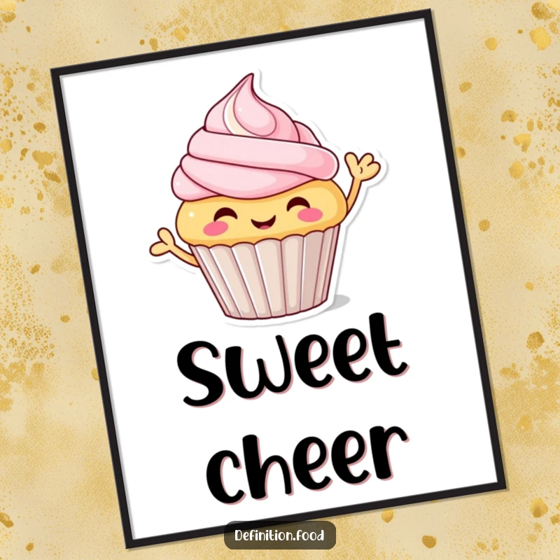Funny waving cupcake digital art print, high-resolution, cheerful character, ready to frame, a fantastic funny gift.