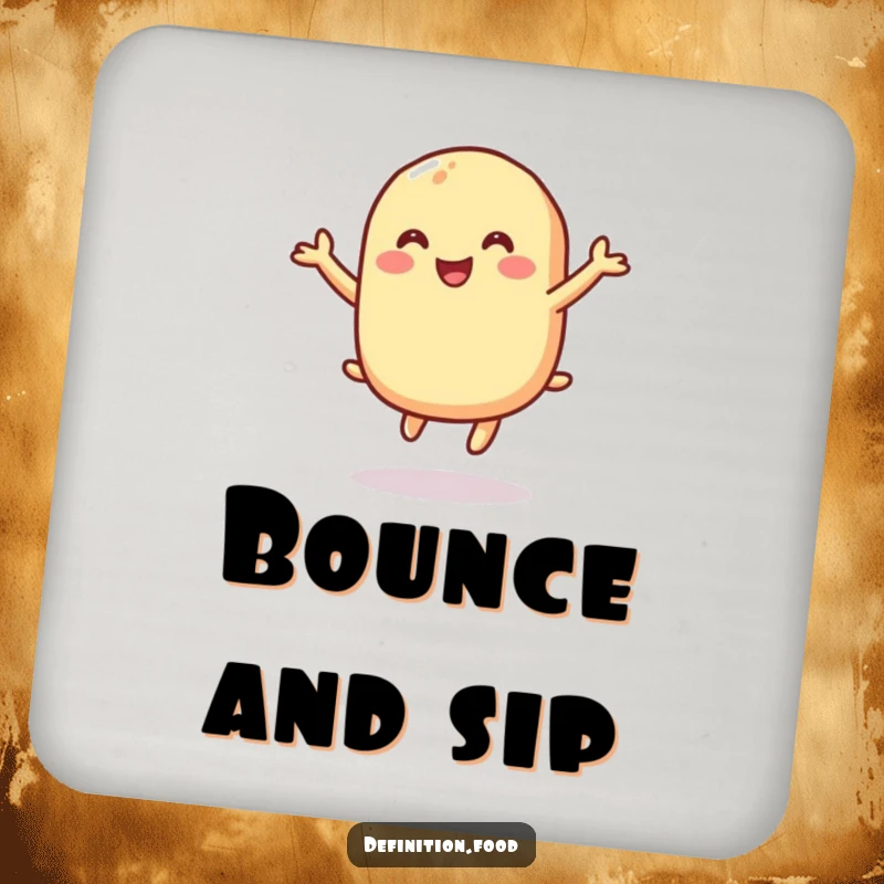 Funny coaster with a macaroni character gleefully bouncing, protecting tables with charm and humor, a funny gift.