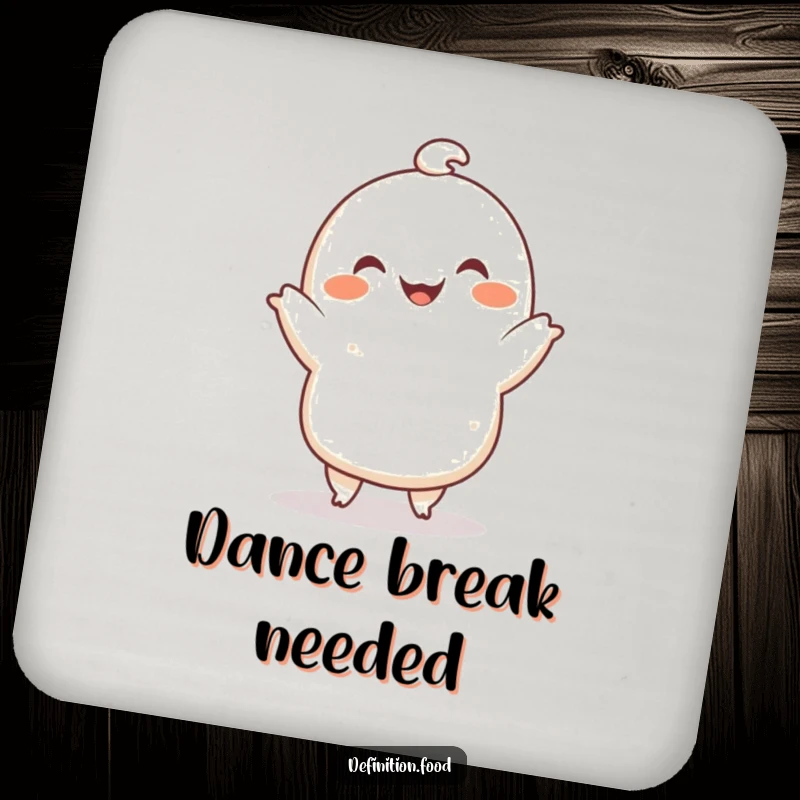 Funny coaster with a smiling dumpling character doing a cute dance, protecting tables with charm and humor, a funny gift.