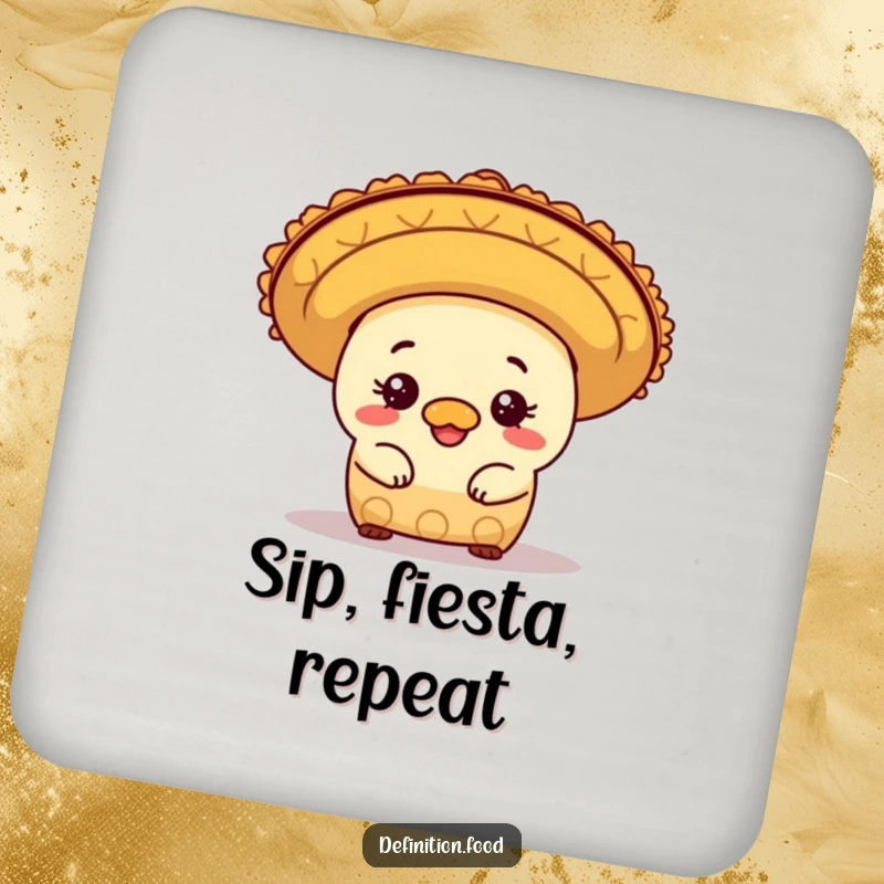 Funny mischievous burrito character peeking out from under a sombrero, placed on a humorous drink coaster.