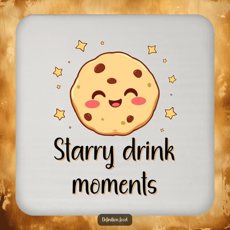 Funny smiling cookie character with tiny stars falling around it on a drink coaster, protecting surfaces with magical charm.