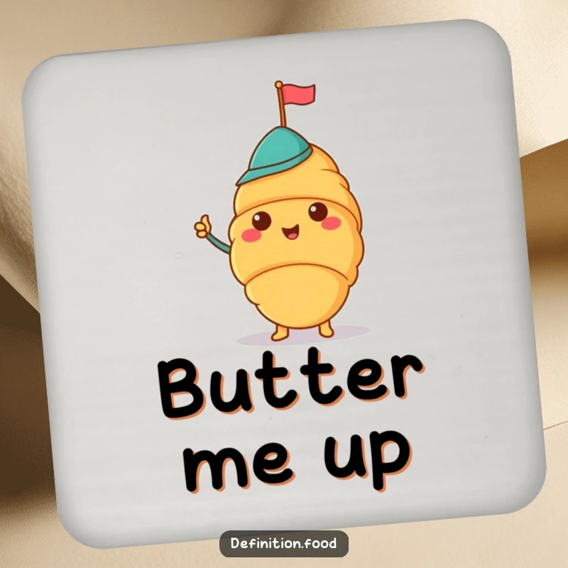 Funny coaster with a cheerful croissant in a jaunty hat waving a tiny flag, protecting surfaces.