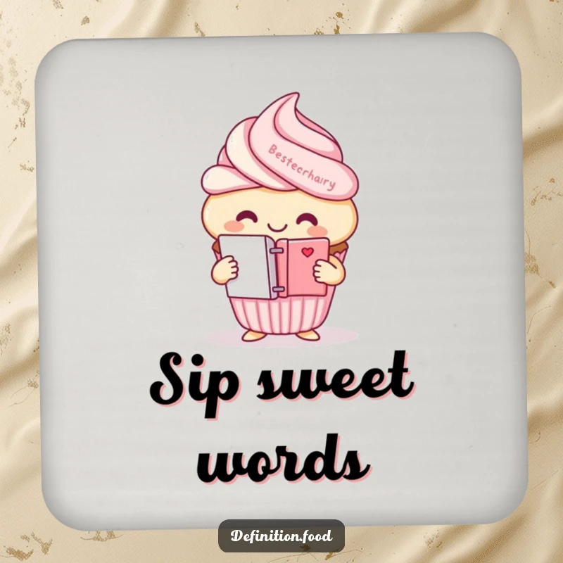 Funny cupcake character coaster, holding a mini dictionary, for stylish table protection.