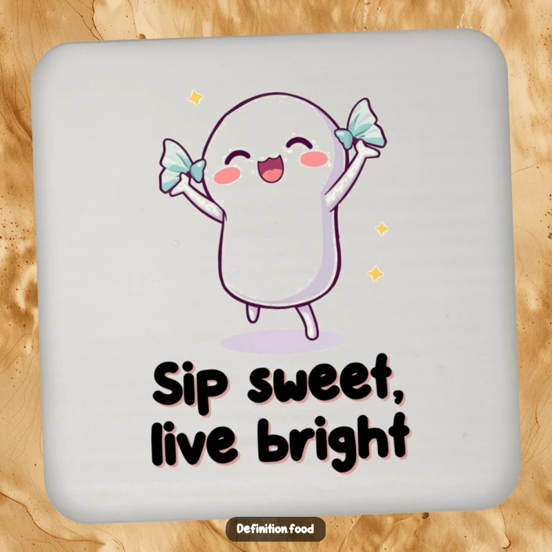 Funny dancing candy coaster with a shimmering wrapper, featuring an excited candy ready to party.