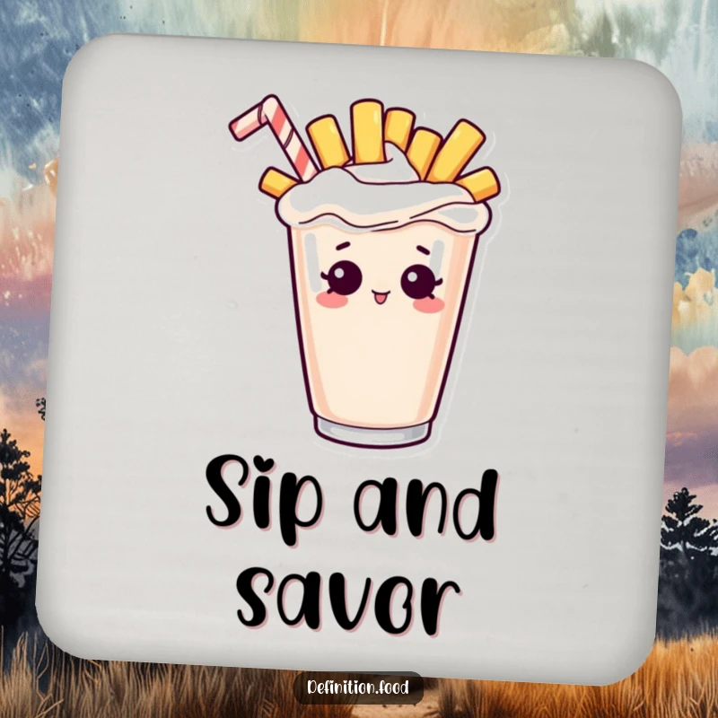 Funny coaster showing a curious french fry character peeking out of a milkshake, designed to protect tables.