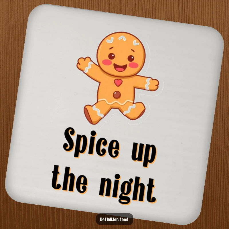 Funny drink coaster featuring a joyful, skipping gingerbread man character, protecting surfaces with a delightful dash of holiday charm.