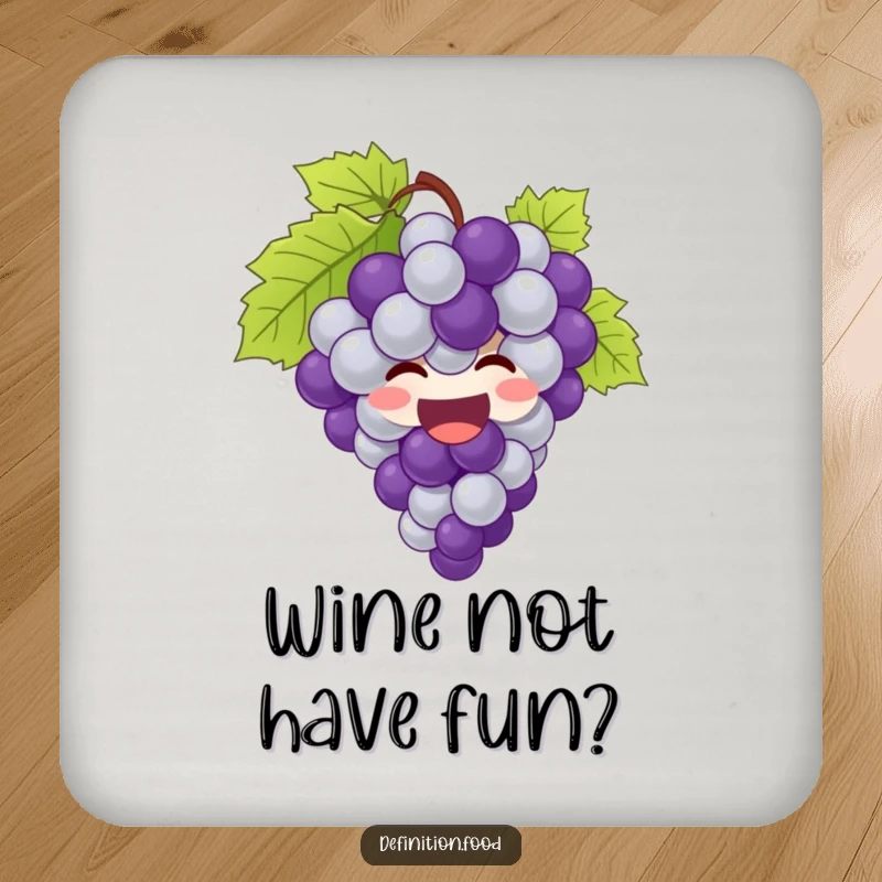 Funny grapes coaster with a giggling bunch of grapes bursting with joy, protecting surfaces with a smile.