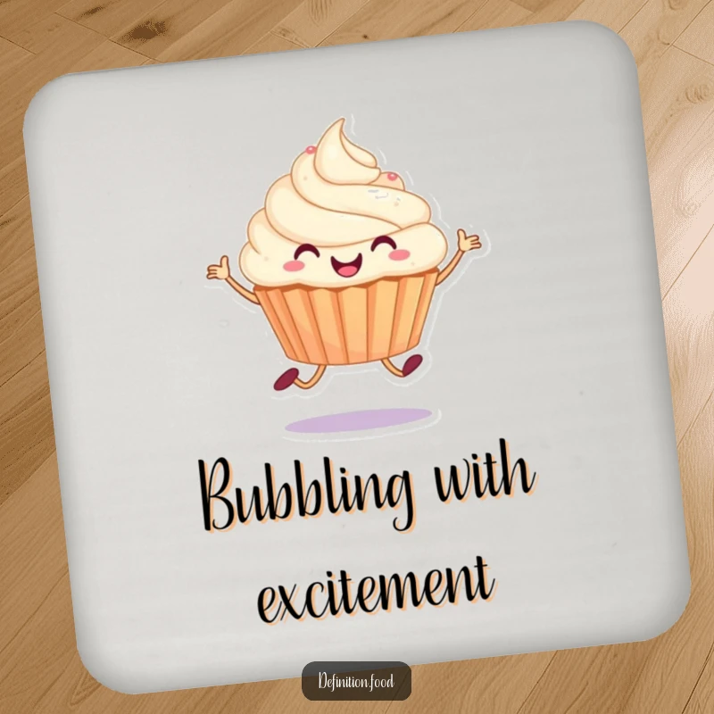 Funny coaster with a joyful cupcake character in a happy hop, adding a sweet and cheerful touch to your table.